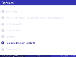 Übersicht

1   Einführung

2   Why Not Only SQL - warum nicht immer SQL einsetzen?

3   Protokolle & APIs

4   Datenmodelle

5   CouchDB

6   Herausforderungen und Kritik

7   Praxisbeispiel

K. Puschke (Vortrag HAW Hamburg)   NoSQL             3. Juni 2010   59 / 79
 