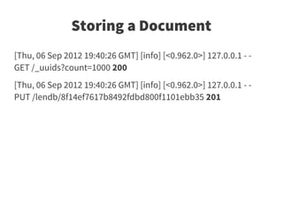 Storing a Document
[Thu, 06 Sep 2012 19:40:26 GMT] [info] [<0.962.0>] 127.0.0.1 - -
GET /_uuids?count=1000 200
[Thu, 06 Sep 2012 19:40:26 GMT] [info] [<0.962.0>] 127.0.0.1 - -
PUT /lendb/8f14ef7617b8492fdbd800f1101ebb35 201
 