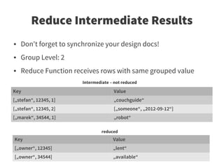 Reduce Intermediate Results
●   Don't forget to synchronize your design docs!
●   Group Level: 2
●   Reduce Function receives rows with same grouped value
                        Intermediate – not reduced
Key                                   Value
[„stefan“, 12345, 1]                  „couchguide“
[„stefan“, 12345, 2]                  [„someone“, „2012-09-12“]
[„marek“, 34544, 1]                   „robot“

                                 reduced
Key                                   Value
[„owner“, 12345]                      „lent“
[„owner“, 34544]                      „available“
 