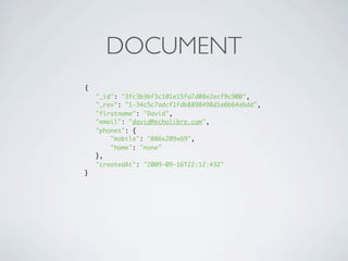 DOCUMENT
{
    "_id": "3fc3b3bf3c101e15fa7d08e2ecf9c900",
    "_rev": "1-34c5c7adcf1fdb8898498d1e6b64ebdd",
    "firstname": "David",
    "email": "david@echolibre.com",
    "phones": {
        "mobile": "086x209x69",
        "home": "none"
    },
    "createdAt": "2009-09-16T22:12:43Z"
}
 