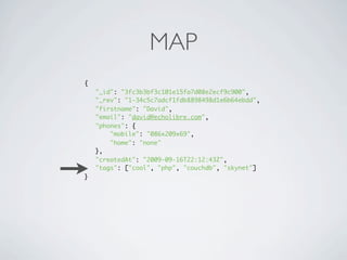 MAP
{
    "_id": "3fc3b3bf3c101e15fa7d08e2ecf9c900",
    "_rev": "1-34c5c7adcf1fdb8898498d1e6b64ebdd",
    "firstname": "David",
    "email": "david@echolibre.com",
    "phones": {
        "mobile": "086x209x69",
        "home": "none"
    },
    "createdAt": "2009-09-16T22:12:43Z",
    "tags": ["cool", "php", "couchdb", "skynet"]
}
 