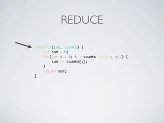 REDUCE

function(tag, counts) {
    int sum = 0;
    for(var i = 0; i < counts.length; i++) {
        sum += counts[i];
    }
    return sum;
}
 