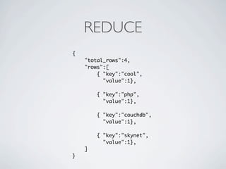 REDUCE
{
    "total_rows":4,
    "rows":[
        { "key":"cool",
          "value":1},

        { "key":"php",
          "value":1},

        { "key":"couchdb",
          "value":1},

        { "key":"skynet",
          "value":1},
    ]
}
 