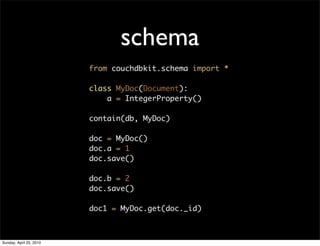 schema
                         from couchdbkit.schema import *

                         class MyDoc(Document):
         ...