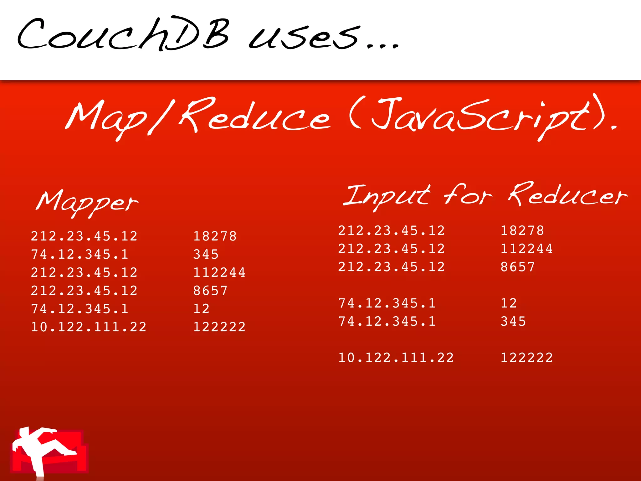 CouchDB uses...

   Map/Reduce (JavaScript).

Mapper                   Input for Reducer
212.23.45.12    18278    212.23.45.12    18278
74.12.345.1     345      212.23.45.12    112244
212.23.45.12    112244   212.23.45.12    8657
212.23.45.12    8657
74.12.345.1     12       74.12.345.1     12
10.122.111.22   122222   74.12.345.1     345

                         10.122.111.22   122222
 