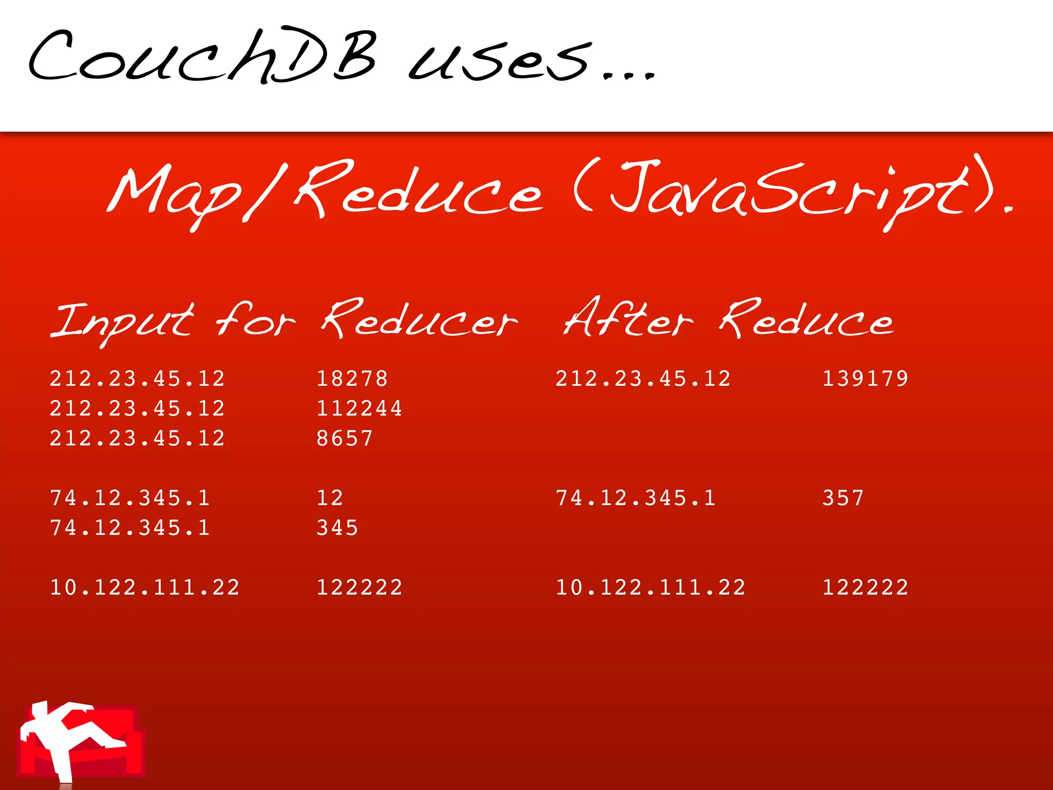 CouchDB uses...

   Map/Reduce (JavaScript).
Input for Reducer After Reduce
212.23.45.12    18278    212.23.45.12    139179
212.23.45.12    112244
212.23.45.12    8657

74.12.345.1     12       74.12.345.1     357
74.12.345.1     345

10.122.111.22   122222   10.122.111.22   122222
 