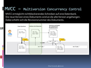 MVCC –          Multiversion Concurrency Control
MVCC ermöglicht nichtblockierendes Schreiben auf eine Datenbank.
Die neue Version eines Dokuments wird an die alte Version angehangen.
Dabei erhöht sich die Revisionsnummer des Dokuments.




                                       Oliver Kurowski, @okurow
 