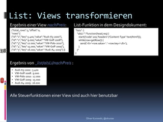 List: Views transformieren
Ergebnis einer View nachPreis:                      List-Funktion in dem Designdokument:
{"total_rows":5,"offset":0,                         “lists“: {
"rows":[                                              “alsLI “:“function(head,req) {
{"id":"1","key":5.400,"value":“Audi-A3-2000“},          start({'code':200,'headers':{'Content-Type':'text/html'}});
{"id":"2","key":9.000,"value":“VW-Golf-2008“},          while(row=getRow()) {
{"id":"3","key":12.000,"value":“VW-Polo-2010“},           send(‘<li>‘+row.value+‘ :‘ +row.key+‘</li>‘);
{"id":"4","key":15.000,"value":“VW-Golf-2009“},         }
{"id":"5","key":16.000,"value":“Audi-A4-2009“} ]}     }“
                                                    }


Ergebnis von _list/alsLi/nachPreis :
 •   Audi-A3-2000 : 5.400
 •   VW-Golf-2008 : 9.000
 •   VW-Polo-2010 : 12.000
 •   VW-Golf-2009 : 15.000
 •   Audi-A4-2009 : 16.000



Alle Steuerfunktionen einer View sind auch hier benutzbar



                                                              Oliver Kurowski, @okurow
 