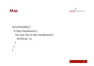 Map



function(doc) {
    if (doc.headware) {
      for (var hat in doc.headware) {
        emit(hat, 1);
      }
    }
}



                                        23
 
