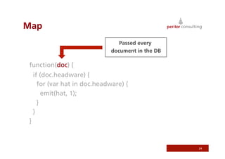 Map
                                  Passed every
                               document in the DB

function(doc) {
    if (doc.headware) {
      for (var hat in doc.headware) {
        emit(hat, 1);
      }
    }
}



                                                    24
 