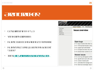 Arbit Tracker Geschrieben in PHP5.3 von Kore Nordmann Nutzt CouchDB als alleinige Datenbank Nutzt Zend_Seach_Lucene als Volltext-Suche Infos  http://arbitracker.org/news.html 