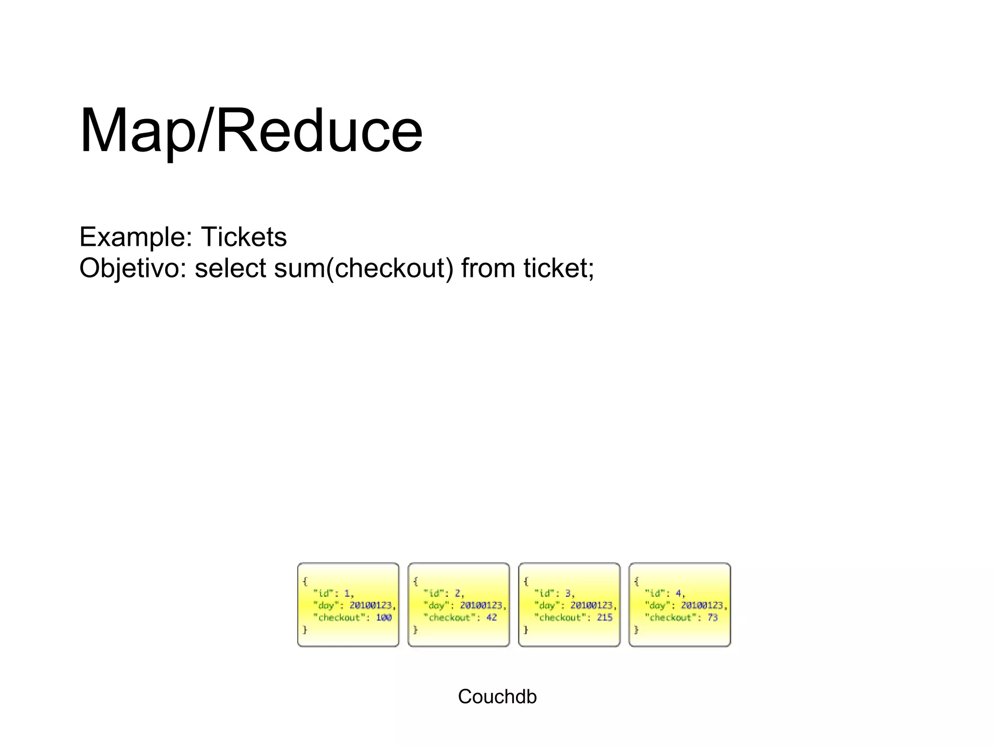 Map/Reduce Example: Tickets  Objetivo: select sum(checkout) from ticket; Couchdb 