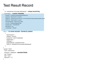 Test Result Record
{
"_id": "e3bc8454-6910-4c2a-b69b-dbf52046d3a0", unique record key
"customdata": { custom metadata
"deviceIP": "localhost?usesocketlog=pudStart.log",
"stopTime": "May 05,2013 13:34:45",
"logName": "durationLog-2013-05-23-13-34-45-localhost?usesocketlog=pudStart.log.txt",
"startTime": "May 05,2013 13:34:45",
"firmwareRelease": "BWP1CN1314AR",
"runTime": 0.004220008850097656,
"serialNumber": "CN2AM9J08V",
"MechMode": true,
"printerModel": ”XN1254"
},
"recs": [ 1 or more records – format is custom.
{
"filesProcessed": 1,
"fileName": "circle.ps",
"timePerFile": 7.2447731494903564,
"pagesPrinted": 1,
"totalPages": 1,
"pagesPerMinute": 8.281832814077937,
"result_id": "e3bc8454-6910-4c2a-b69b-dbf52046d3a0"
},
],
"passfail": "PASS",
"name": "performance",
"timestamp": "1368052433", standard fields
"app": "Duration",
"type": "result",
"appversion": "1.0"
}
 