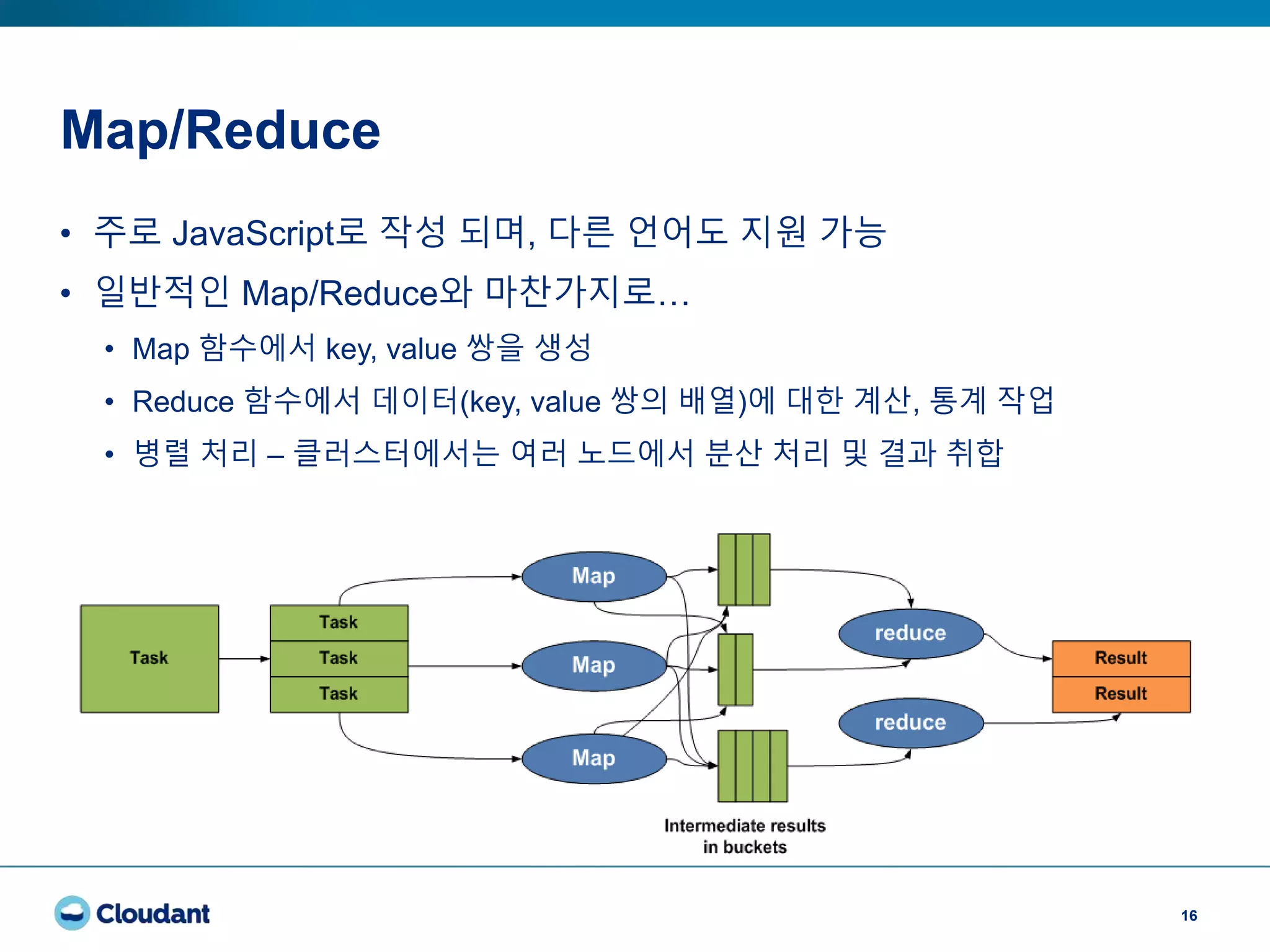 Map/Reduce
16
• 주로 JavaScript로 작성 되며, 다른 언어도 지원 가능
• 일반적인 Map/Reduce와 마찬가지로…
• Map 함수에서 key, value 쌍을 생성
• Reduce 함수에서 데이터(key, value 쌍의 배열)에 대한 계산, 통계 작업
• 병렬 처리 – 클러스터에서는 여러 노드에서 분산 처리 및 결과 취합
 