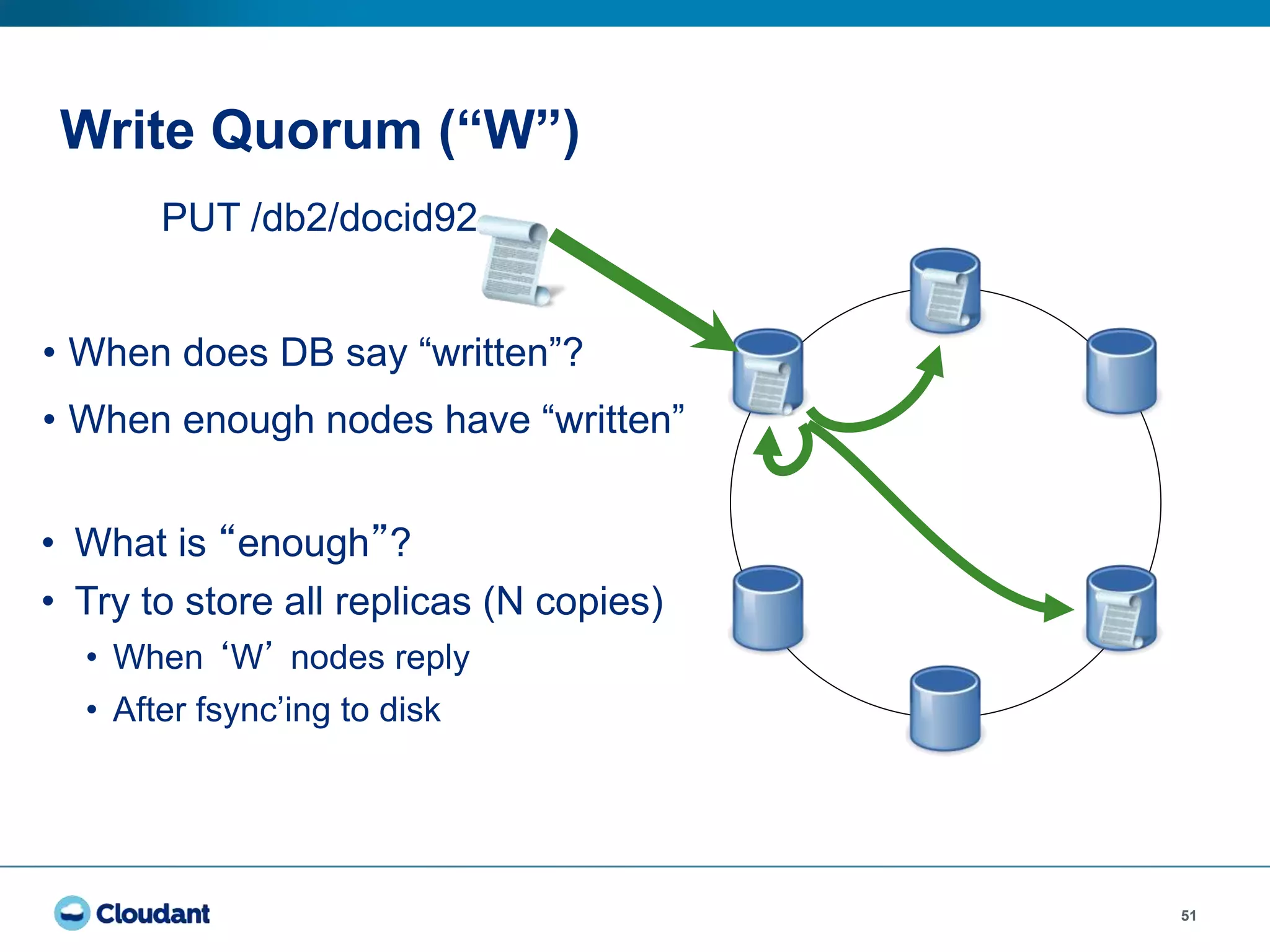 51
Write Quorum (“W”)
• When does DB say “written”?
• When enough nodes have “written”
• What is “enough”?
• Try to store all replicas (N copies)
• When ‘W’ nodes reply
• After fsync’ing to disk
PUT /db2/docid92
 