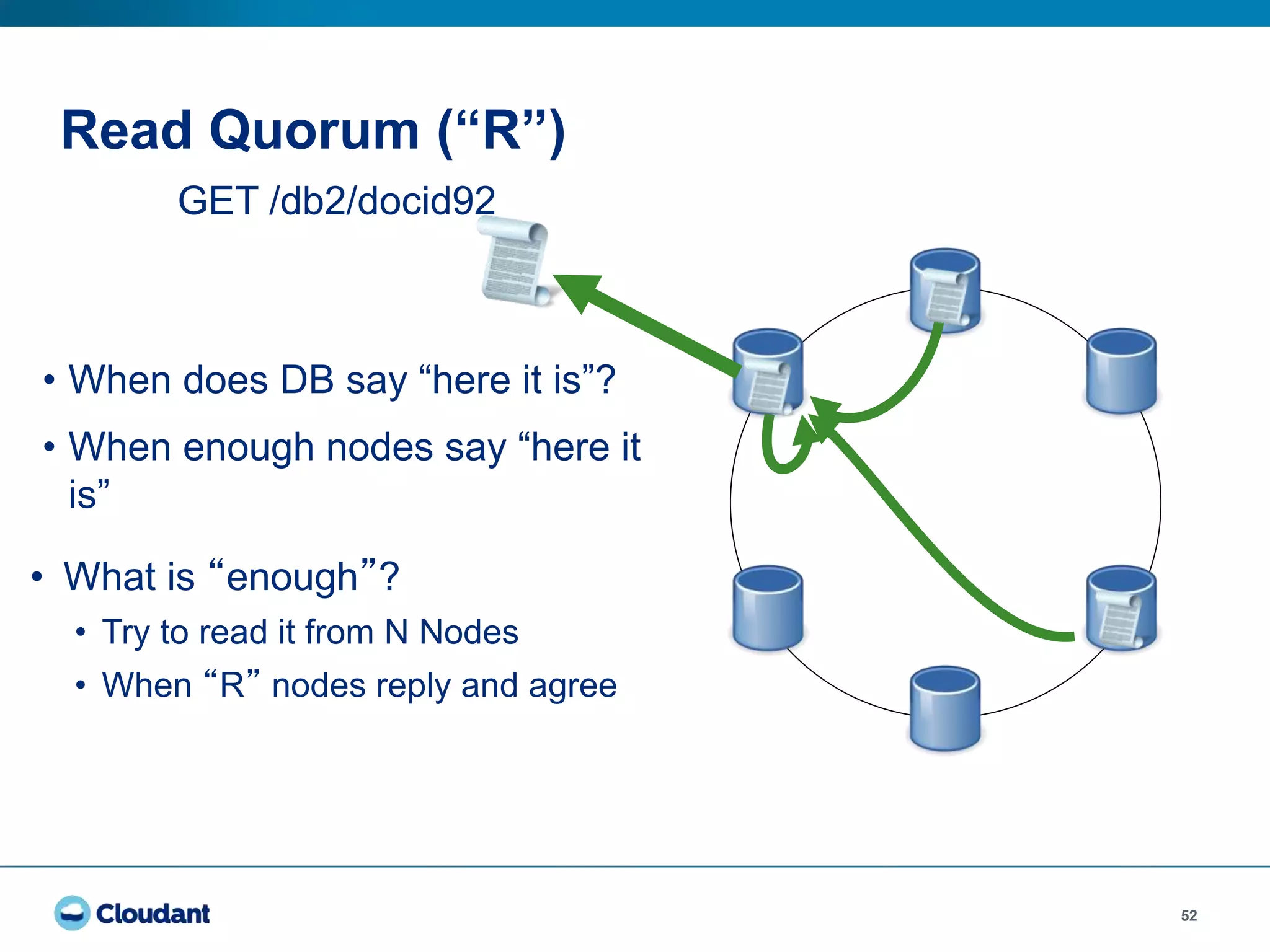 52
Read Quorum (“R”)
• When does DB say “here it is”?
• When enough nodes say “here it
is”
• What is “enough”?
• Try to read it from N Nodes
• When “R” nodes reply and agree
GET /db2/docid92
 