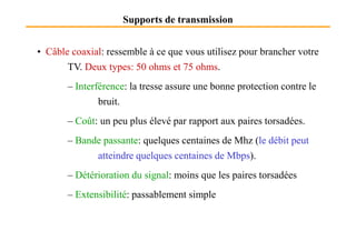 Supports de transmission
• Câble coaxial: ressemble à ce que vous utilisez pour brancher votre
TV. Deux types: 50 ohms et 75 ohms.
– Interférence: la tresse assure une bonne protection contre le
bruit.
– Coût: un peu plus élevé par rapport aux paires torsadées.– Coût: un peu plus élevé par rapport aux paires torsadées.
– Bande passante: quelques centaines de Mhz (le débit peut
atteindre quelques centaines de Mbps).
– Détérioration du signal: moins que les paires torsadées
– Extensibilité: passablement simple
 