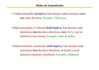 Modes de transmission
• Unidirectionnelles (simplex): Les données sont transmises dans
une seule direction. Exemple: Télévision
• Bidirectionnelles à l’alternat (half duplex): Les données sont
transmises dans les deux directions, mais il n’y a qu’un
émetteur à tout instant. Exemple: radio de police.émetteur à tout instant. Exemple: radio de police.
• Bidirectionnelles simultanées (full duplex): Les données sont
transmises dans les deux directions, et il peut y avoir
plusieurs émetteurs simultanés. Exemple: téléphone.
 