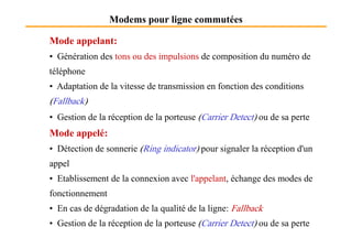 Modems pour ligne commutées
Mode appelant:
• Génération des tons ou des impulsions de composition du numéro de
téléphone
• Adaptation de la vitesse de transmission en fonction des conditions
(Fallback)
• Gestion de la réception de la porteuse (Carrier Detect) ou de sa perte
Mode appelé:
• Détection de sonnerie (Ring indicator) pour signaler la réception d'un
appel
• Etablissement de la connexion avec l'appelant, échange des modes de
fonctionnement
• En cas de dégradation de la qualité de la ligne: Fallback
• Gestion de la réception de la porteuse (Carrier Detect) ou de sa perte
 