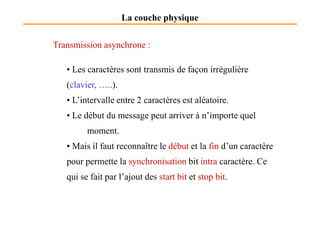 La couche physique
Transmission asynchrone :
• Les caractères sont transmis de façon irrégulière
(clavier, …..).
• L’intervalle entre 2 caractères est aléatoire.
• Le début du message peut arriver à n’importe quel• Le début du message peut arriver à n’importe quel
moment.
• Mais il faut reconnaître le début et la fin d’un caractère
pour permette la synchronisation bit intra caractère. Ce
qui se fait par l’ajout des start bit et stop bit.
 