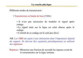 La couche physique
Différents modes de transmission :
• Transmission en bande de base (TBB) :
• Il n’est pas nécessaire de moduler le signal après
codage
• Le signal émis sur la ligne est celui obtenu après le
codage.codage.
• L’intérêt de ce codage est le coût peu élevé
NB. Les TBB ont sujets à une atténuation dont l’importance dépend
du support. Ils doivent être regénérés périodiquement en utilisant
des répéteurs.
Répéteur : Mémorise une fraction de seconde les signaux avant de
le retransmettre sur la ligne sortante.
 