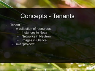 - Tenant
- A collection of resources
- Instances in Nova
- Networks in Neutron
- Images in Glance
- aka “projects”
Concepts - Tenants
 