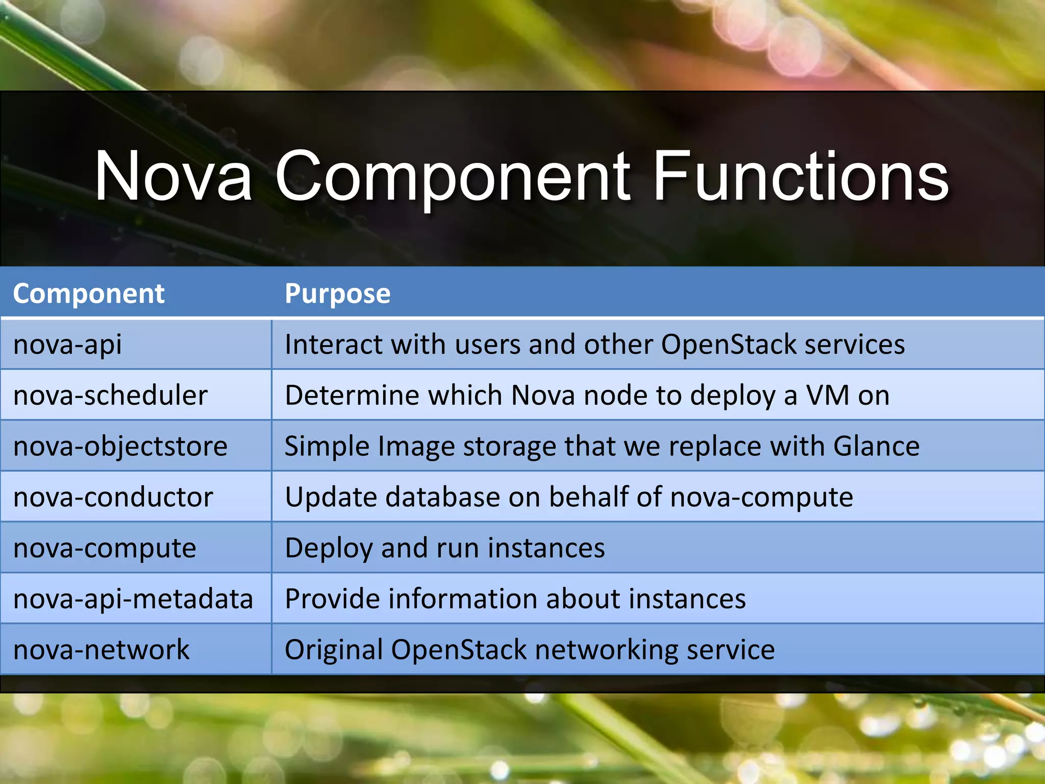 Nova Component Functions
Component Purpose
nova-api Interact with users and other OpenStack services
nova-scheduler Determine which Nova node to deploy a VM on
nova-objectstore Simple Image storage that we replace with Glance
nova-conductor Update database on behalf of nova-compute
nova-compute Deploy and run instances
nova-api-metadata Provide information about instances
nova-network Original OpenStack networking service
 