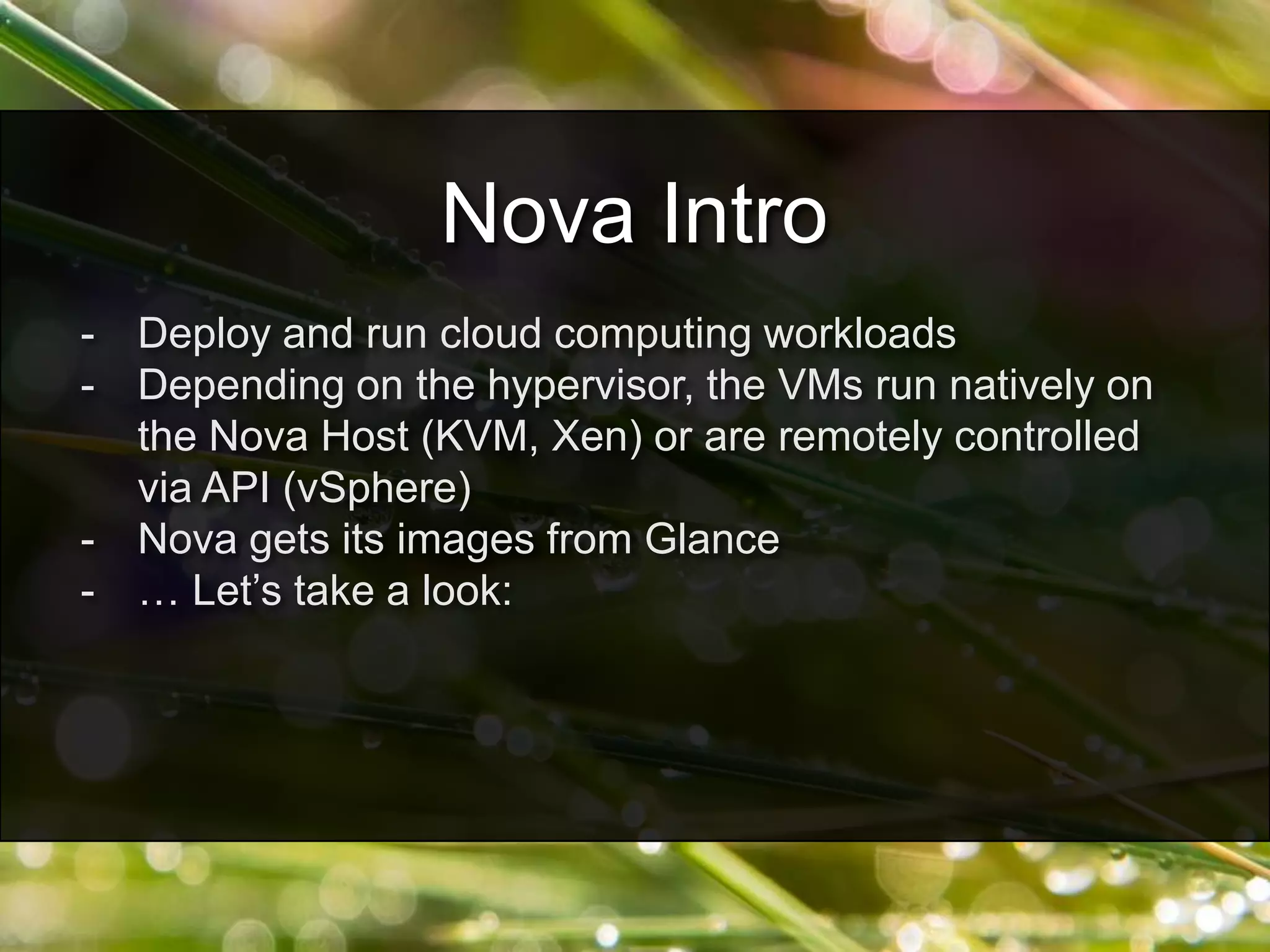 - Deploy and run cloud computing workloads
- Depending on the hypervisor, the VMs run natively on
the Nova Host (KVM, Xen) or are remotely controlled
via API (vSphere)
- Nova gets its images from Glance
- … Let’s take a look:
Nova Intro
 