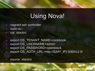 - vagrant ssh controller
- sudo su -
- cat .stackrc
- export OS_TENANT_NAME=cookbook
- export OS_USERNAME=admin
- export OS_PASSWORD=openstack
- export OS_AUTH_URL=http://${MY_IP}:5000/v2.0/
- source .stackrc
Using Nova!
 