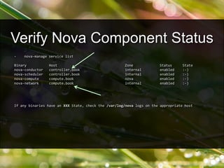 - nova-manage service list
Binary Host Zone Status State
nova-conductor controller.book internal enabled :-)
nova-scheduler controller.book internal enabled :-)
nova-compute compute.book nova enabled :-)
nova-network compute.book internal enabled :-)
If any binaries have an XXX State, check the /var/log/nova logs on the appropriate host
Verify Nova Component Status
 