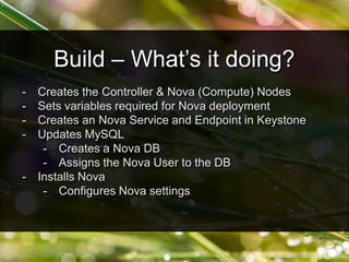 - Creates the Controller & Nova (Compute) Nodes
- Sets variables required for Nova deployment
- Creates an Nova Service and Endpoint in Keystone
- Updates MySQL
- Creates a Nova DB
- Assigns the Nova User to the DB
- Installs Nova
- Configures Nova settings
Build – What’s it doing?
 