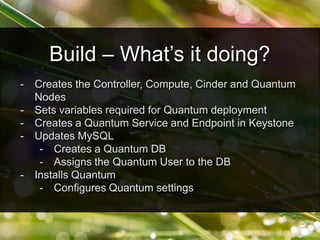 - Creates the Controller, Compute, Cinder and Quantum
Nodes
- Sets variables required for Quantum deployment
- Creates a Quantum Service and Endpoint in Keystone
- Updates MySQL
- Creates a Quantum DB
- Assigns the Quantum User to the DB
- Installs Quantum
- Configures Quantum settings
Build – What’s it doing?
 