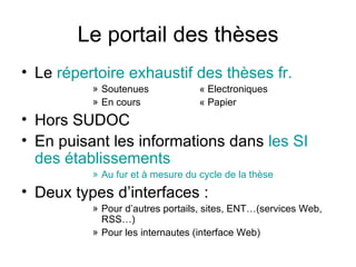 Le portail des thèses Le  répertoire exhaustif des thèses fr. Soutenues « Electroniques En cours « Papier Hors SUDOC En puisant les informations dans  les SI des établissements Au fur et à mesure du cycle de la thèse Deux types d’interfaces : Pour d’autres portails, sites, ENT…(services Web, RSS…) Pour les internautes (interface Web) 