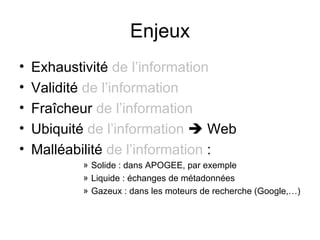 Enjeux Exhaustivité  de l’information Validité  de l’information Fraîcheur  de l’information Ubiquité  de l’information     Web Malléabilité  de l’information  : Solide : dans APOGEE, par exemple Liquide : échanges de métadonnées Gazeux : dans les moteurs de recherche (Google,…) 
