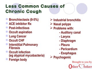 Less Common Causes of 
Chronic Cough 
Bronchiectasis (0-5%) 
ACE inhibitor Rx 
Post-infectious 
Occult aspiration 
Lung Cancer 
Occult CHF 
Interstitial Pulmonary 
Fibrosis 
Occult infection 
(eg atypical mycobacteria) 
Foreign body 
 Industrial bronchitis 
 Nasal polyps 
 Problems with: 
- Auditory canal 
- Larynx 
- Diaphragm 
- Pleura 
- Pericardium 
- Esophagus 
 Psychogenic 
Brought to you by 
 