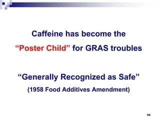 Caffeine has become the “Poster Child” for GRAS troubles “Generally Recognized as Safe” (1958 Food Additives Amendment) 
34 
 