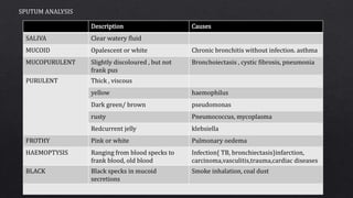 Description Causes
SALIVA Clear watery fluid
MUCOID Opalescent or white Chronic bronchitis without infection. asthma
MUCOPURULENT Slightly discoloured , but not
frank pus
Bronchoiectasis , cystic fibrosis, pneumonia
PURULENT Thick , viscous
yellow haemophilus
Dark green/ brown pseudomonas
rusty Pneumococcus, mycoplasma
Redcurrent jelly klebsiella
FROTHY Pink or white Pulmonary oedema
HAEMOPTYSIS Ranging from blood specks to
frank blood, old blood
Infection{ TB, bronchiectasis}infarction,
carcinoma,vasculitis,trauma,cardiac diseases
BLACK Black specks in mucoid
secretions
Smoke inhalation, coal dust
SPUTUM ANALYSIS
 