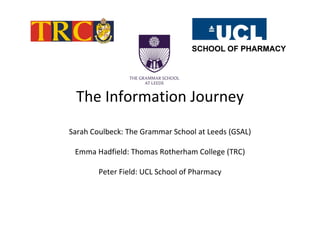The Information Journey
Sarah Coulbeck: The Grammar School at Leeds (GSAL)

 Emma Hadfield: Thomas Rotherham College (TRC)

        Peter Field: UCL School of Pharmacy
 