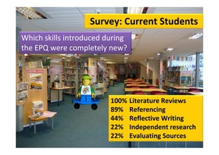 Survey: Current Students
Which skills introduced during 
the EPQ were completely new?




                          100%    Literature Reviews 
                          89%     Referencing
                          44%     Reflective Writing
                          22%     Independent research
                          22%     Evaluating Sources
 