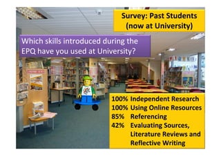 Survey: Past Students 
                              (now at University)
Which skills introduced during the 
EPQ have you used at University?




                          100%   Independent Research
                          100%   Using Online Resources
                          85%    Referencing
                          42%    Evaluating Sources, 
                                 Literature Reviews and 
                                 Reflective Writing
 