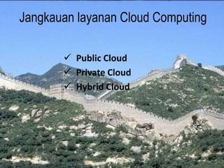Jangkauan layanan Cloud Computing
 Public Cloud
 Private Cloud
 Hybrid Cloud
 