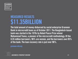 MEASURED RESULTS
$11.35BILLION
The total amount of money disbursed by social enterprise Grameen
Bank in microcredit loans ...