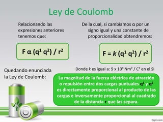 Ley de Coulomb
     Relacionando las              De la cual, si cambiamos α por un
     expresiones anteriores           signo igual y una constante de
     tenemos que:                     proporcionalidad obtendremos:


      F α (q1 q2) / r2                         F = k (q1 q2) / r2

Quedando enunciada              Donde k es igual a: 9 x 109 Nm2 / C2 en el SI
la Ley de Coulomb:      La magnitud de la fuerza eléctrica de atracción
                        o repulsión entre dos cargas puntuales q1 y q2
                       es directamente proporcional al producto de las
                       cargas e inversamente proporcional al cuadrado
                                de la distancia r que las separa.
 