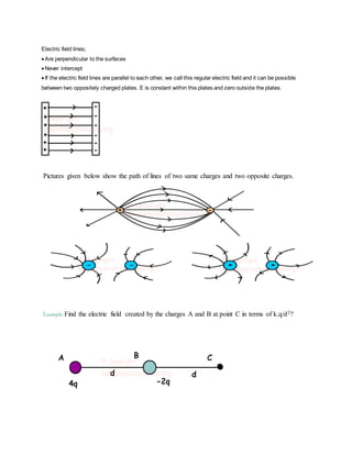 Electric field lines;
 Are perpendicular to the surfaces
 Never intercept
 If the electric field lines are parallel to each other, we call this regular electric field and it can be possible
between two oppositely charged plates. E is constant within this plates and zero outside the plates.
Pictures given below show the path of lines of two same charges and two opposite charges.
Example:Find the electric field created by the charges A and B at point C in terms of k.q/d2?
 