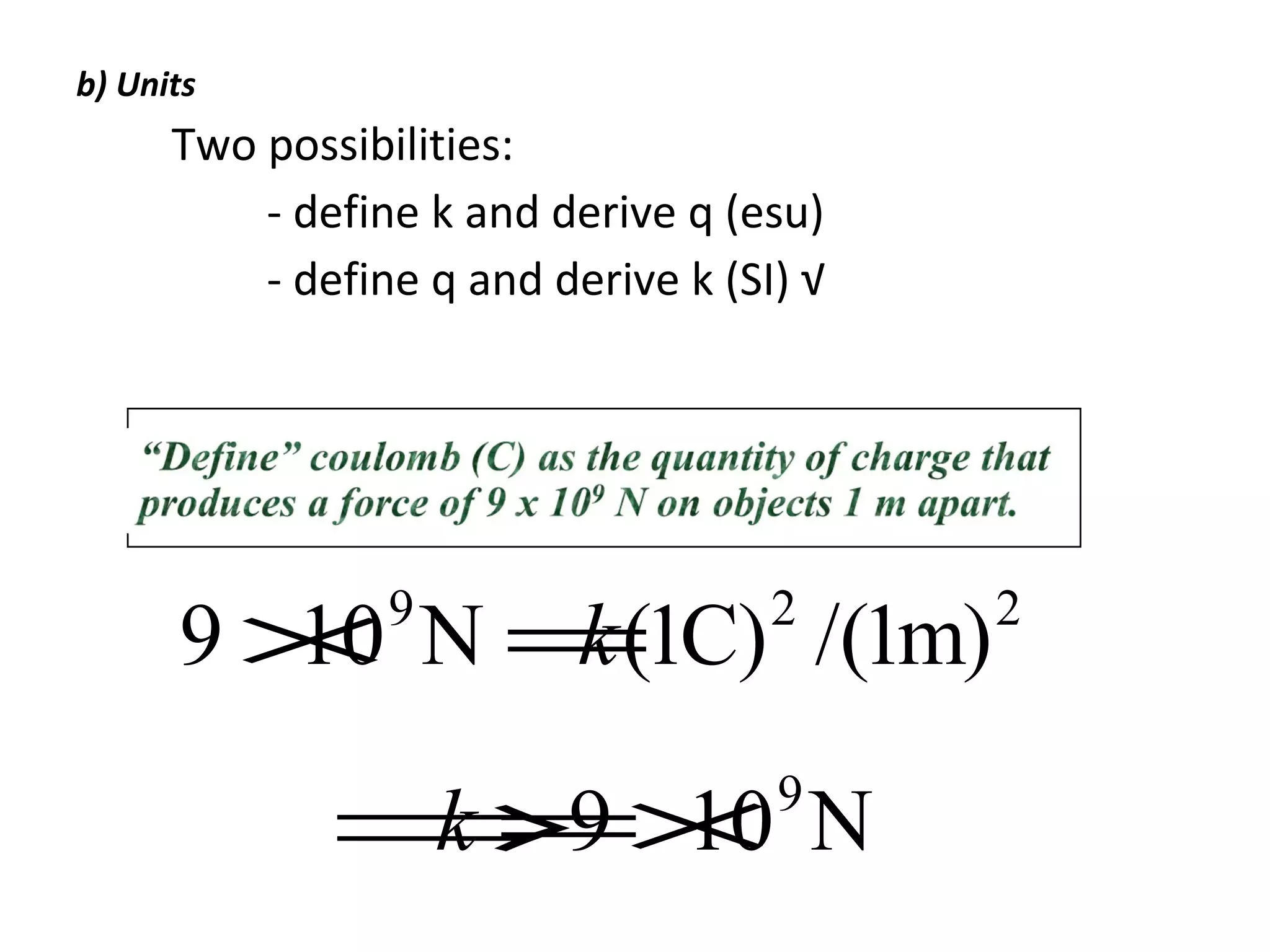 b) Units
Two possibilities:
- define k and derive q (esu)
- define q and derive k (SI) √
9 ×109
N =k(1C)2
/(1m)2
⇒k =9 ×109
N
 