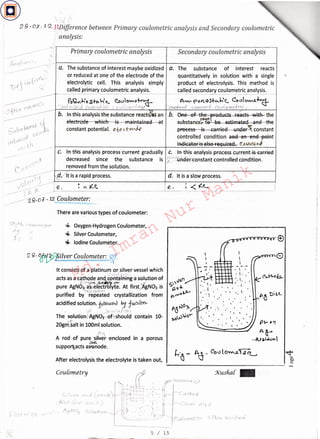 ·I I
11r,1,...,uf1J
Xusfia{ -
' '
' I r
1-4-'l-+'"H • I r • •
L-1-li-+-I-+ ' •  • •
~ ..............I.
I


<, .: ,., •--rl ( 1~)
l/{.-/ L c /
AqNC3 Sr uFc r:
Coulometrv
After electrolysis the electrolyte is taken out,
t
j
---~f)
-JL »>:
-~~____________@.o] - 12 Coulometer:
2 g, °61J'-"1iilver Coulometer: ~
It consistsof a platinum or silver vessel which
C, r./ · 1'1
acts as a cathode and OOftuttrttflg-awJ.utiGn--e-f-
g.t<cftJrfl am:4'9-lii (]Yi} .t[(
pure AgN03, aS11electrolyte. At first/:A:gN03 is
._,,Co LU-liiSY'
purified by repeated crystallization from
acidified solution. joUowed ~ fu!)l'cm.
The' ~hl-00.-JigNO(;;[;~~~contain 10-
20gnf$altin 100ml solution.
/) '.)
A rod of pure 'silvef-"'enclosed in a porous
lMl.
supporgacts as-anode.
'*- Oxygen-Hydrogen Coulometer,
.,._ SilverCoulometer,
~ Iodine Coulometer.
There are various types of coulometer:
e.
an b. One of the products n!acts with the-
at sl:lbstanee~5 be estimated and the
precess is carried un~e~ constant
controlled condition aad aR eRd poiRt
im;liGater is also req1.1ired C»JJrW
d. It is a slow process.It is a rapid process.
a. The substance of interest reacts
quantitatively in solution with a single
protfuct of electrolysis. This method is
-~~~ledsecondary coulometric analysis. _/
A<'f'V'- f>t.t1..0S4-u...~'c_ Co<llt>w-..P..~
~wnf CWlll ,j C~vtltJ md'nj .
b. IA--t-his-aAa-1-ys-is-tl=ie--s-tJ bstance reao
eleet1 ode which is maintained
constant potential. ~-te(.,t-r-i•k
c. ln-thi-s-analysis-f)fOees-s-ettffer-rt gradually c. Ifl-this-analysis-process.current-ls-ea=led
decreased since the substance is j '.Ul1d"ei;;constant controlled condition.
removed from the solution.
/. I
( t' '.'
I
f"'
a. The substanceof interest maybe oxidized
or reduced at one of the electrode of the
electrolytic cell. This analysis simply
called primary coulometric analysis.
Primary coulometric analysis
, I 1
c-i'.
j 1)'J 
1)-'1 -~
2 g '07. 12 }IDifference between Primary coulometric analysis and Secondary coulornetric
analysis:
Secondary coulometric analysis l
5 / 15
Md.
Imran
Nur
Manik
 