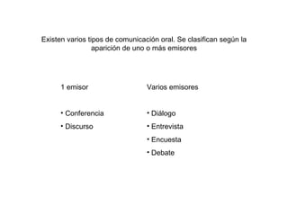 Existen varios tipos de comunicación oral. Se clasifican según la
                 aparición de uno o más emisores




      1 emisor                   Varios emisores


      • Conferencia              • Diálogo
      • Discurso                 • Entrevista
                                 • Encuesta
                                 • Debate
 