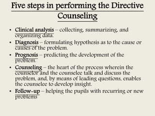 Five steps in performing the Directive
Counseling
• Clinical analysis – collecting, summarizing, and
organizing data.
• Diagnosis – formulating hypothesis as to the cause or
causes of the problem.
• Prognosis – predicting the development of the
problem.
• Counseling – the heart of the process wherein the
counselor and the counselee talk and discuss the
problem, and, by means of leading questions, enables
the counselee to develop insight.
• Follow-up – helping the pupils with recurring or new
problems
 