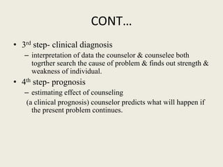 CONT…
• 3rd step- clinical diagnosis
– interpretation of data the counselor & counselee both
togrther search the cause of problem & finds out strength &
weakness of individual.
• 4th step- prognosis
– estimating effect of counseling
(a clinical prognosis) counselor predicts what will happen if
the present problem continues.
 