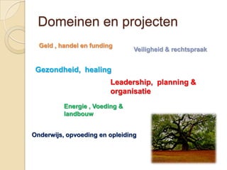 Domeinen en projecten
  Geld , handel en funding
                                Veiligheid & rechtspraak


 Gezondheid, healing
                         Leadership, planning &
                         organisatie
          Energie , Voeding &
          landbouw


Onderwijs, opvoeding en opleiding
 